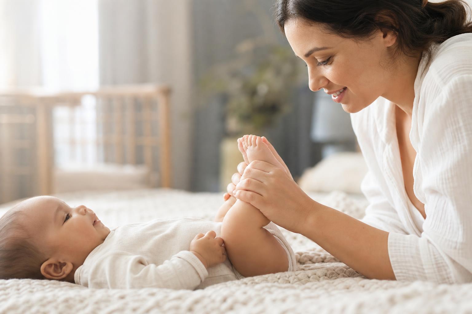 Mama nežno masira stopalca umirjenega dojenčka na mehki odeji